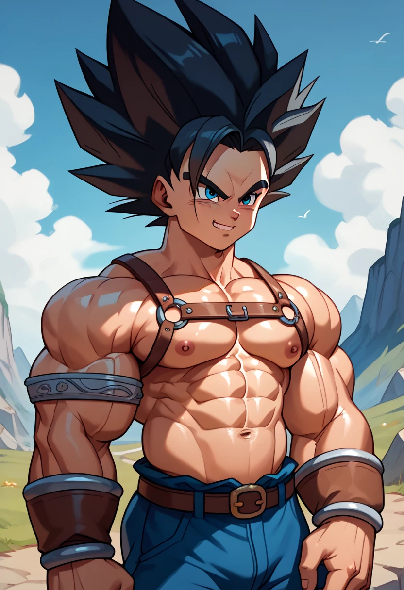  top quality,Anatomical, Big Muscles , Vegeta and Kogenta mix,Demon Body,Sexually attractive gestures,shiny skin, growing skin, taken over by the devil , He smiles wickedly ., armband, bracers,Harness,gigantic penis,