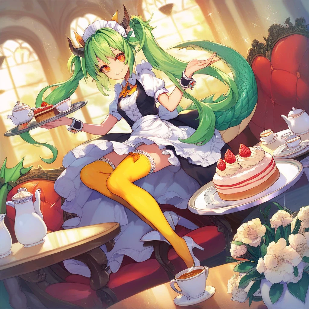 score_9, score_8_up, score_7_up, score_6_up, 1girl, solo, looking at viewer, smile, thighhighs, dress, holding, twintails, tail, flower, short sleeves, boots, food, green hair, horns, puffy sleeves, indoors, apron, high heels, cup, puffy short sleeves, orange eyes, wrist cuffs, maid, maid headdress, window, sparkle, :3, chair, table, plate, maid apron, tray, dragon horns, teacup, cake, dragon girl, dragon tail, teapot, holding tray, tea, vase, dessert, yellow thighhighs, tiered tray, green tail