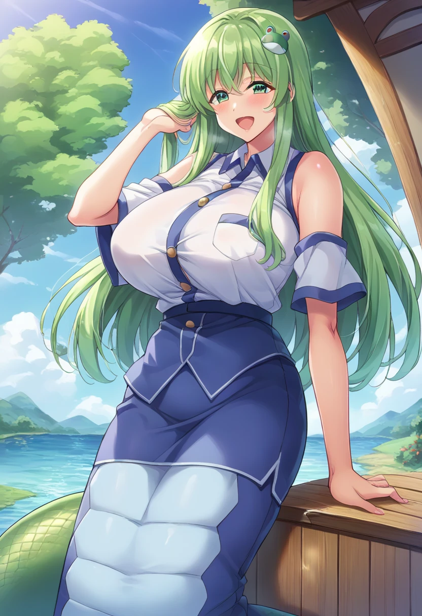 ( Masterpiece ), ( top quality), (8k), ( super high resolution), ( top quality), ( anime style), (Best writing), ( beautiful face), (  Masterpiece  ), ( top quality), (detailed  beautiful face and eyes), (  textile shading ), ( cowboy shooting), (lake), ( fall leaves for vaginal discharge),  1 girl , Alone, Sanae Kochiya,  1 girl ,  green hair,  long hair, Green Eyes, Frog hair accessory , Hair Tube, Snake hair ornament,  colored shirt ,  white shirt,  detached sleeve ,  wide sleeve,  blue skirt,  ruffle skirt,  Big Breasts , Beautiful breasts, smile, Picking up my own hair , from side,,、 zzz c up , Bursting Chest,特大の Big Breasts,Big Breasts, Busty,超Busty, supermilk,big Breasts,big Breasts,Big Breasts,Big big breasts,bigger breasts,big,セクシーな大きなシリコンの Big Breasts,セクシーなビッグサイズのシリコン製Big Breasts, saggy breasts,((垂れ下がった Big Breasts)),((重く垂れた Big Breasts:1.5))、Obscene body,Fat ,,  erotic manga style body、 mature mature body steam、Sアップer huge、Sアップer huge、 sアップer exaggerated 、 extra large、 over covered ,  Hidden Breast Erections 、 abs, Lamia, Lamia,  scale pattern 、 multicolor scales 