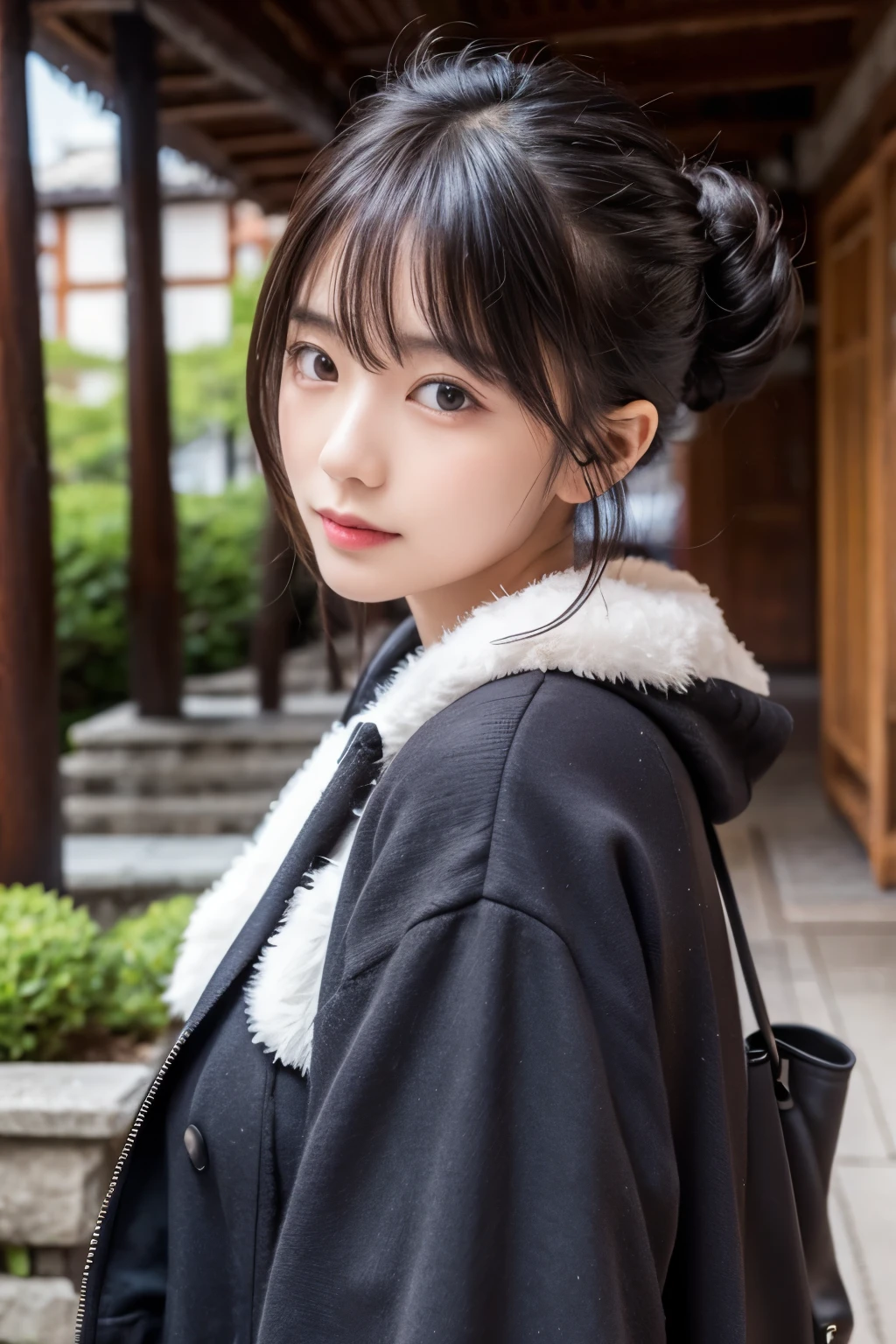  Japanese woman with a viewing angle of、 facing the front、Bun Hair