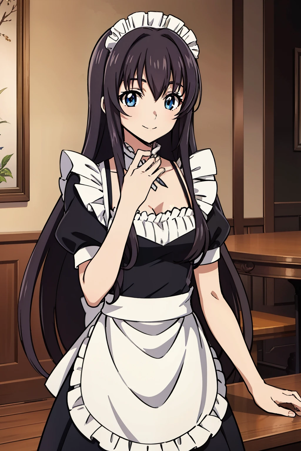 from side, 1 girl, cute, black hair, long hair, 髪band, (wiping the table with a rag), (smile), (Gothic coffee shop), ((maid)), (anime cels style, Masterpiece, best quality, high resolution, anime colored, megami magazine:1.2, anime poster style, anime keyvisual, sharp, 8k, photorealistic), beautiful eyes