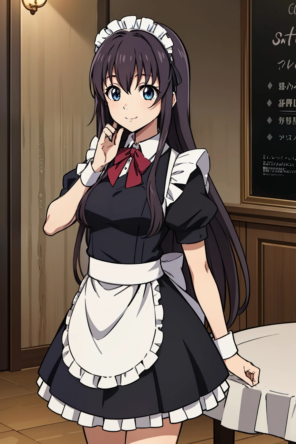 from side, 1 girl, cute, black hair, long hair, 髪band, (wiping the table with a rag), (smile), (Gothic coffee shop), ((maid)), (anime cels style, Masterpiece, best quality, high resolution, anime colored, megami magazine:1.2, anime poster style, anime keyvisual, sharp, 8k, photorealistic), beautiful eyes