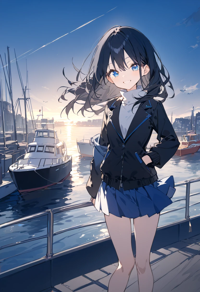 It's an anime-style picture of a girl with a blue short skirt and white shirt and a black jacket with blue eyes、Long black hair 。 standing at the harbor with a smile 。