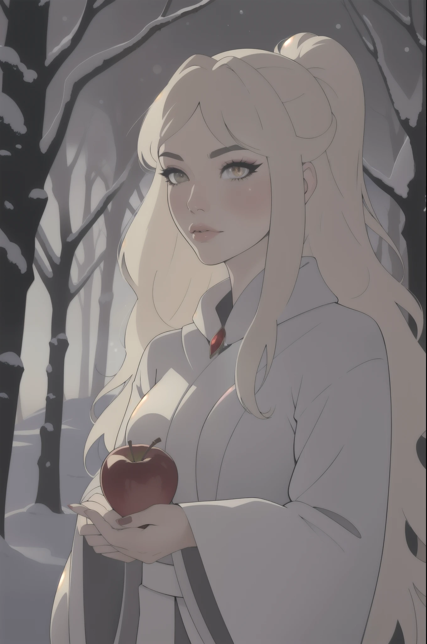  inviting the viewer to imagine what is happening around them .  She is shown in a winter environment ,  surrounded by leafless trees ,  She is shown in a winter environment .

###  features :

1. **Hair**:  The character has long, straight hair , in a platinum blonde shade,  The eyes are highlighted with vibrant colors and lines .
  
2. **makeup**:  The look can convey mystery or curiosity .  which is a traditional symbol of temptation and beauty ,  evoking a fairytale aesthetic or contemporary costumes .  x} which suggests a cold, ethereal atmosphere ,  creating a healthy and fresh effect .

3. **clothes**: She wears a voluminous coat , Of a light shade ,  This adds an intriguing and narrative element to your image .  The style is quite fashionable and modern ,  combining well with her general appearance .

4. **Accessory**: In one hand,  she holds a red apple ,  suggesting a story behind your appearance .  creating a feeling of isolation but also of beauty ,  Your face is highlighted by an elaborate makeup .

5. **expression**:  The facial expression is intense ,  with flashy lips that stand out .  The cheeks are also slightly illuminated ,  including shadows in shades of red and an artistic touch of sparkles .

### Environment:
 The background presents a winter scenario ,  with snow and tree branches ,  that contrasts with the look of the character ,  that frame your face and give a delicate and angelic air .

 The character in the image presents a very striking and poetic aesthetic {x} This combination of visual elements generates an image that is both enchanting and intriguing,  that seems to be cozy and contrasts with the environment nal .