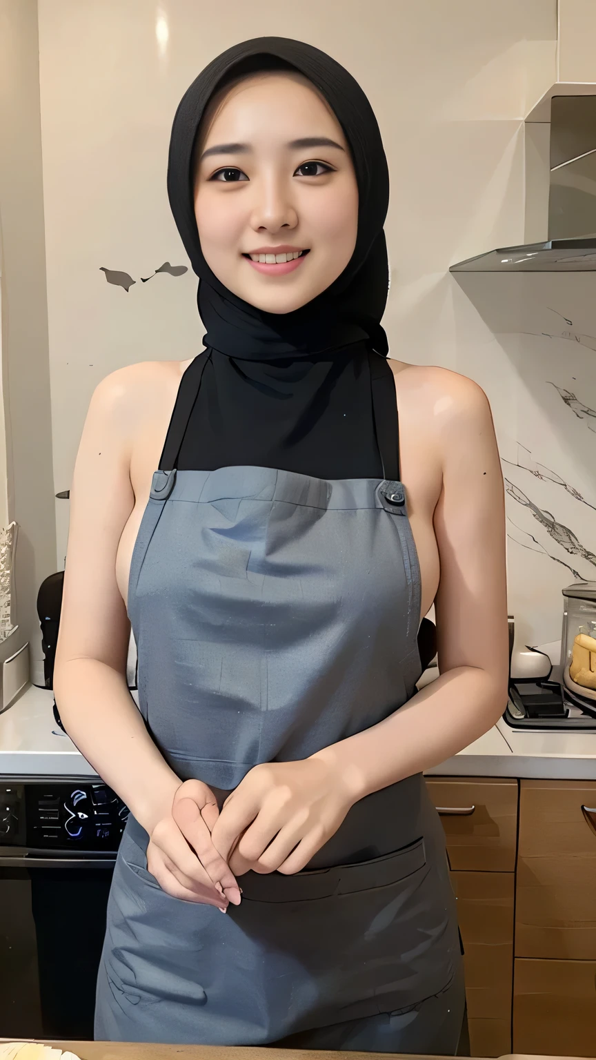 top-quality,Beautiful detailed hijabi,Bewitching face,beauty Mongol model,long lashes,Wearing a colorful naked_apron, kitchen background detailed,Detailed details,side, big breast ,stares at the camera, smile, all body shoot,  showing her hairy armpit, dark hairy pussy, 