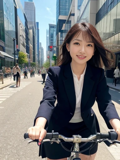 (RAW Photos), (Realistic), (masterpiece), (Highest quality), High resolution, 8k resolution, (Exquisite detail), Exquisite bicycle structure,One handle,(Volumetric Light),  woman, Age 35, short hair, Straight hair, Brown haired, Very thin, Very white and clear skin, Source Sequence,Ultimate beauty,Cute like an idol, smile,  (office suits), Sit in the saddle,Beautiful Japanese office lady, Pleated skirt, Random Color, Cute Face, Real Light, Correct Anatomy, Detailed legs, Detailed skirt,ride a bicycle:1.4、Mommy bike:1.5, There is a basket, Low saddle,Moving bicycle,  (((A very simple city bike:1.5))),Pedaling,Hold one handle with both hands,Look straight ahead, (((Low angle 1.4))), In the city, (((I can see her panties))), very beautiful long legs, (((From quite below:1.4))), Thin thighs, womanを下から見上げる視聴者,(((Low angle full body shot, Black pumps,From quite belowの角度, focus on the saddle, Zoom from ground level))), womanは前傾姿勢ではない, Not a car, from the front, 視聴者は下からwomanの股間を見上げる,womanは片膝をあげる, low angle: 1.4, focus her knee,In town, One Bicycle, basic and simple bicycle flame, both hands grip a handle bar