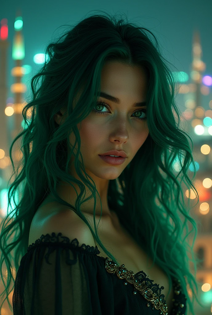 Photo of 47 years old European woman, RAW, beautiful woman, (green hair with extra long wavy), ((portrait)), (Detailed face: 1.2)), (Detailed facial features)), (green eyes) (Fine skin), pale skin, high detail and deep cleavage body conhasmat dress, slim body, megacity environment, (cold color), wet, moist, reflection, (masterpiece) ( Perfect proportions) (realistic photos) (highest quality) (detail) shot with Canon EOS R5, 50mm lens, f/2.8, HDR, (8k) (wallpaper) (movie lighting) (dramatic lighting) (sharp focus) (complex) fashion