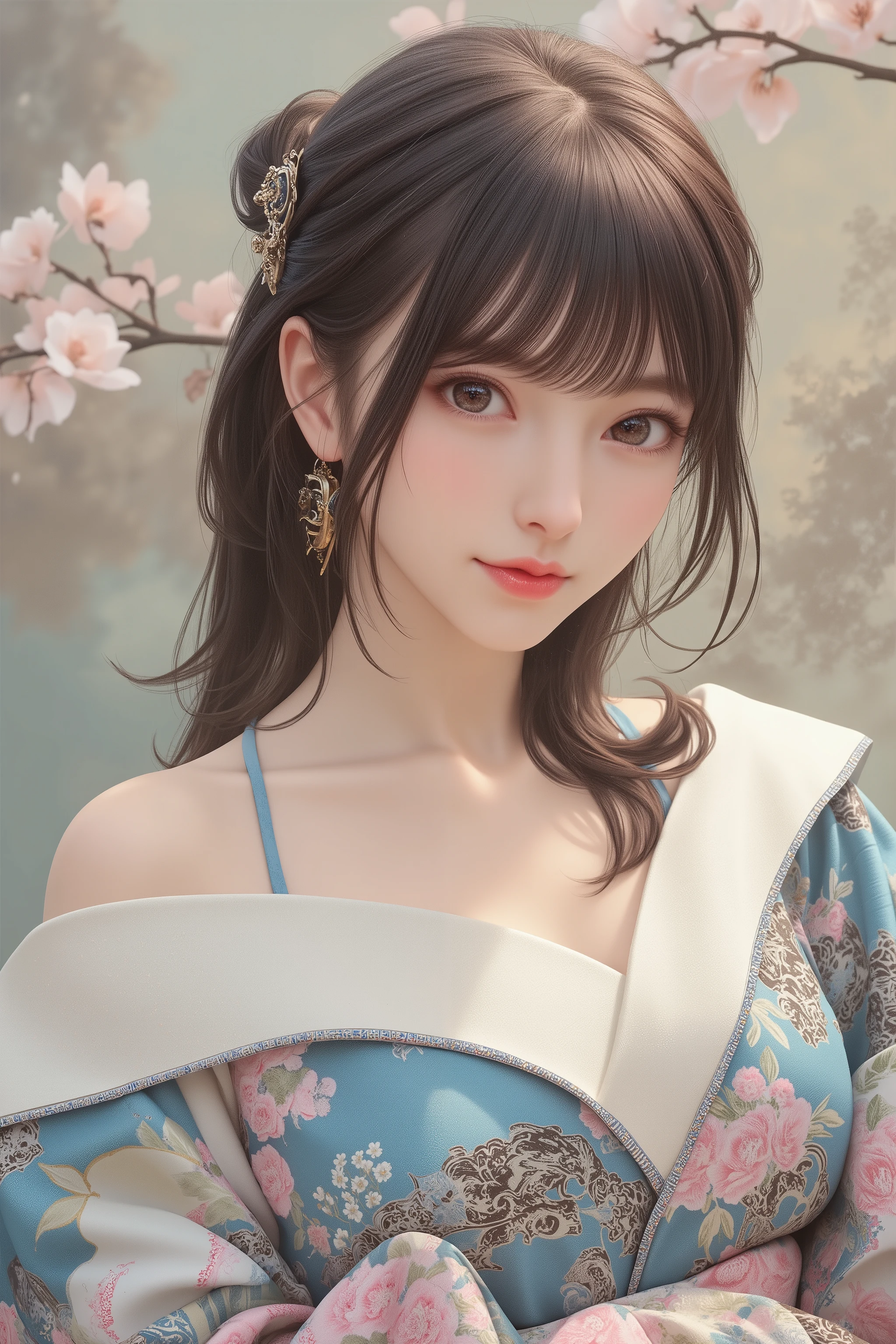 masterpiece, top quality, Illustration, ultra detail, fine detail, high definition , 8k wallpaper, perfect dynamic composition , Beautiful detailed eyes , kimono, off-shoulder, clevis