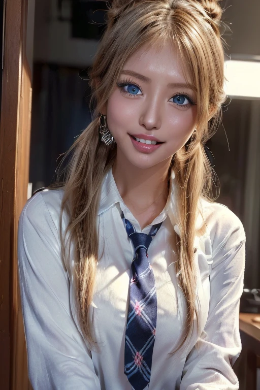 highest quality, masterpiece, Ultra-high resolution, (Realistic:1.4), (Close-up portrait:1.3) RAW Photos,super bitch japanese girl,((Big smile:1.5,white teeth:1.2))
((JK uniform,jk,jk style,white business shirt and opened navy blazer,plaid necktie))
((brown race,dark skin,tanned skin))
((braless))(erect nipples:1.2)
((blond bun hair:1.3,long bangs:1.2))Realistic
(very slender)(huge breasts)
(beautiful vivid fluorescent blue eyes:1.3).earrings.

((angle from directly front:1.3,upper body))
(((orgasm,super ecstasy,ecstasy face)))
((open her mouth very very wide:1.5,tongue out:1.3))