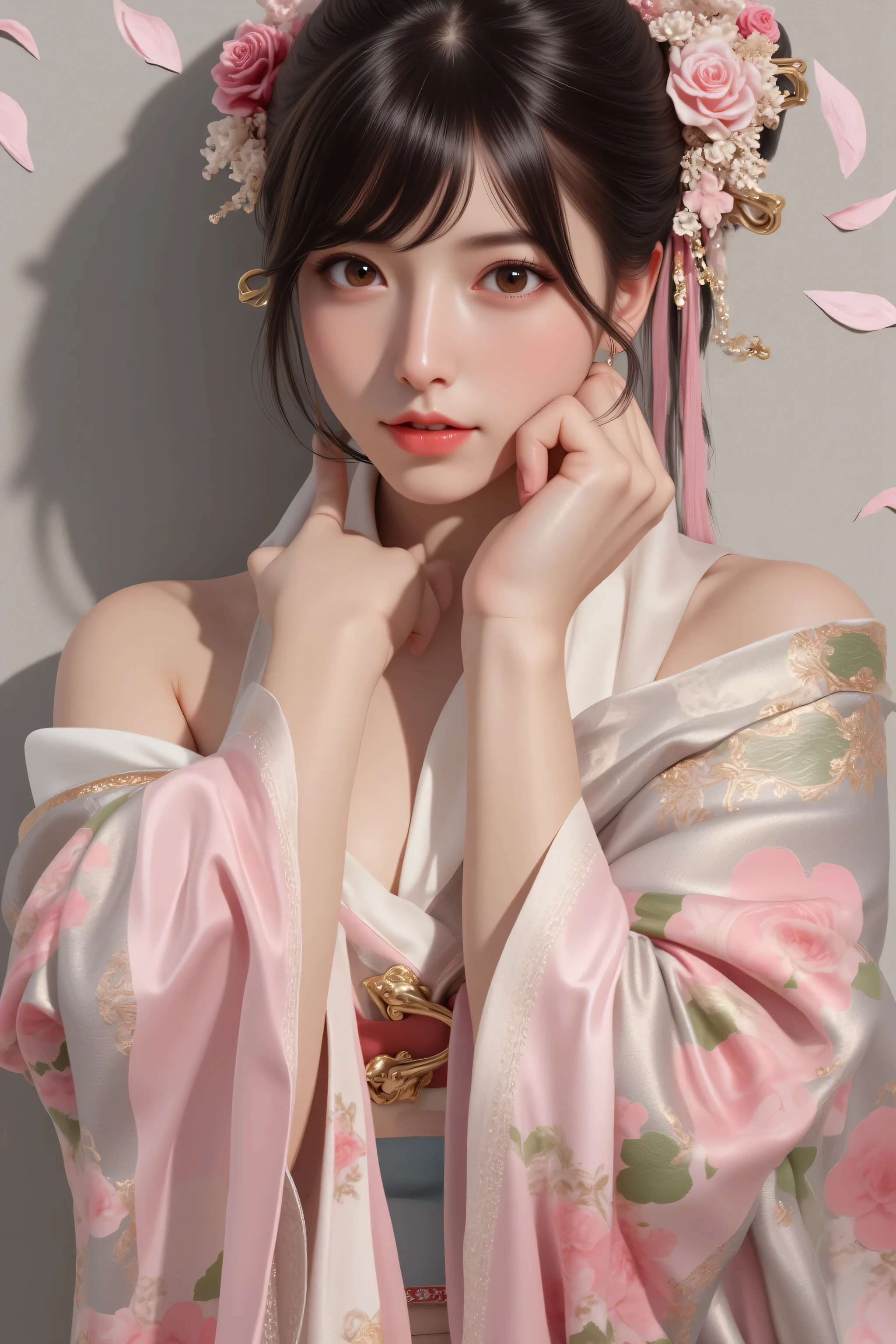 masterpiece, top quality, Illustration, ultra detail, fine detail, high definition , 8k wallpaper, perfect dynamic composition , Beautiful detailed eyes , kimono, off-shoulder, clevis