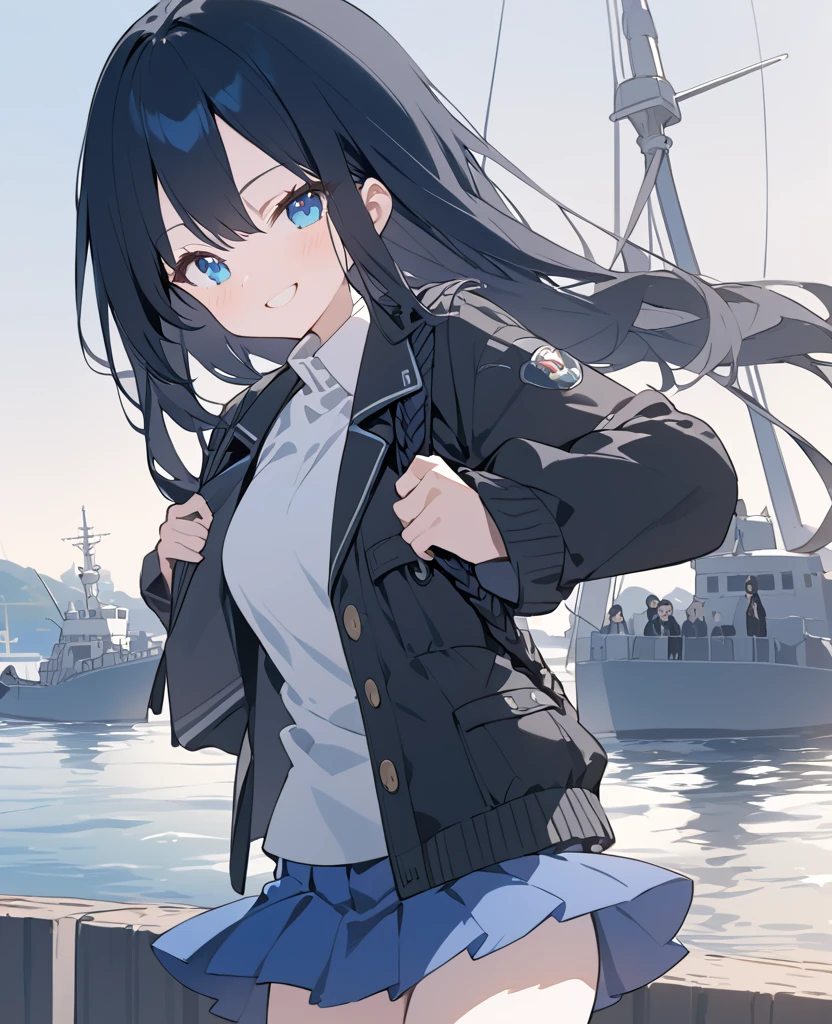  anime-style picture with a blue short skirt, white shirt, black jacket, blue eyes、Long black hair 。 standing at the harbor with a smile 。Carrying the mast of a warship on her back 。