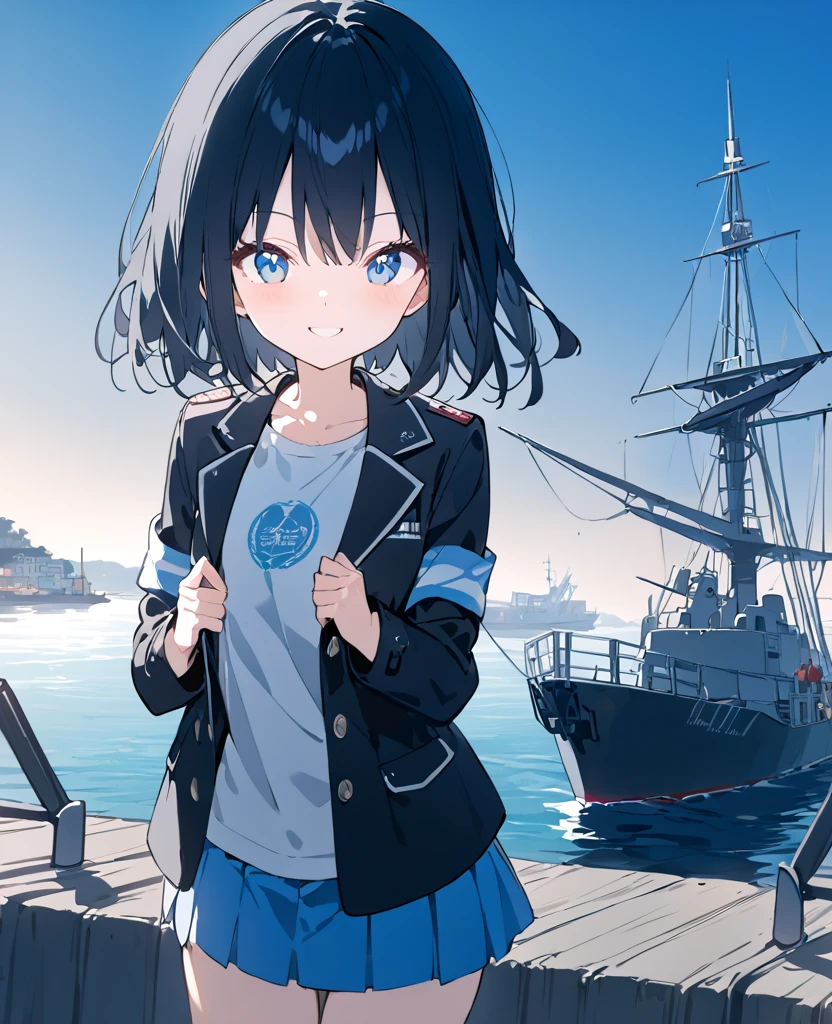  anime-style picture with a blue short skirt, white shirt, black jacket, blue eyes、Long black hair 。 standing at the harbor with a smile 。Carrying the mast of a warship on her back 。