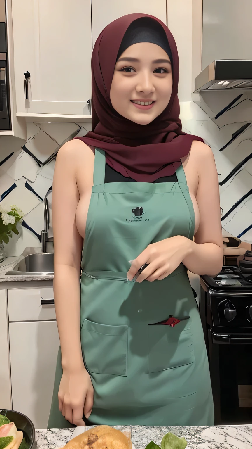 top-quality,Beautiful detailed hijabi,Bewitching face,beauty Mongol model,long lashes,Wearing a colorful naked_apron, kitchen background detailed,Detailed details,side, big breast ,stares at the camera, smile, all body shoot, showing her hairy armpit, dark hairy pussy,