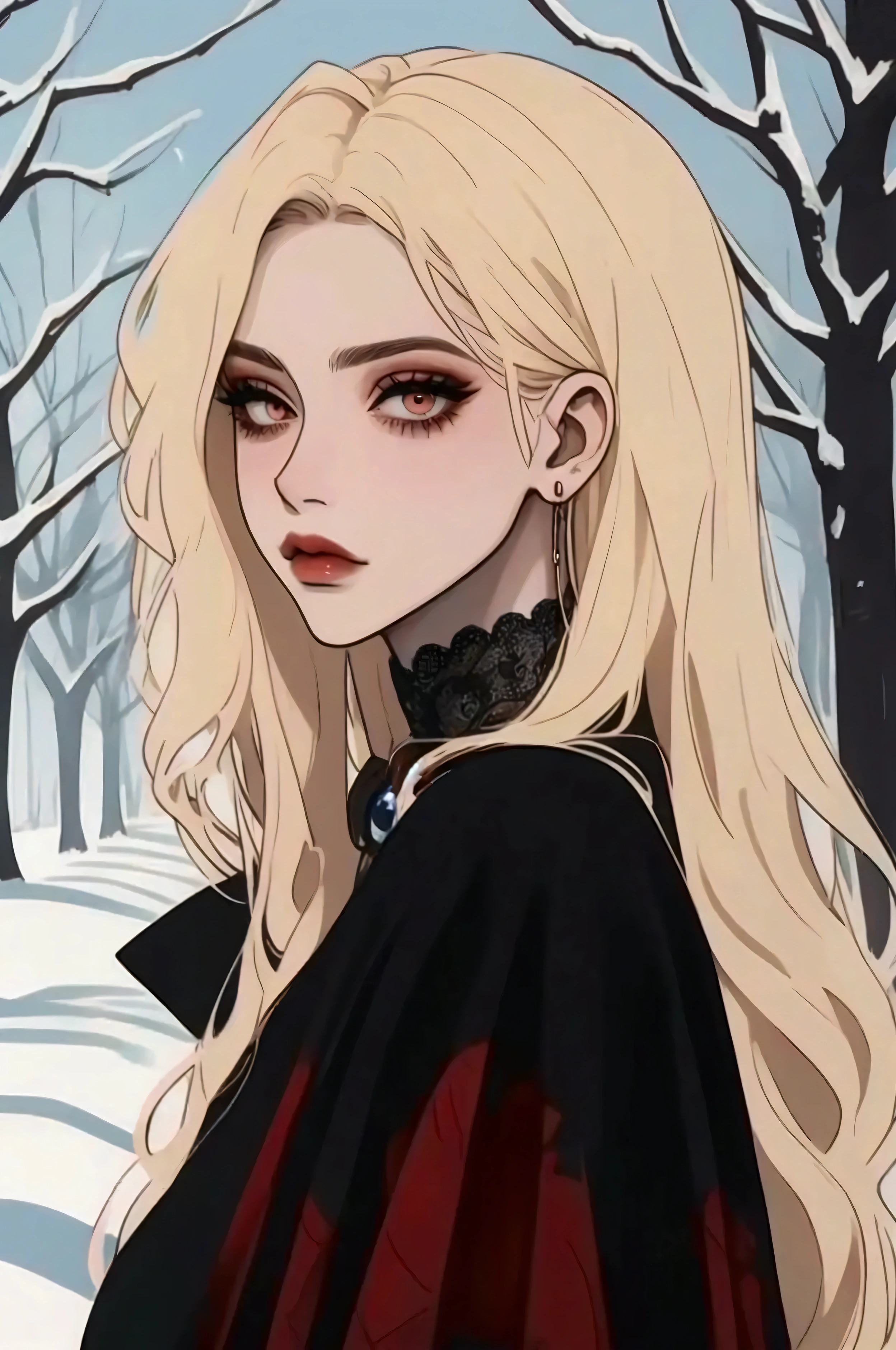  inviting the viewer to imagine what is happening around them .  She is shown in a winter environment ,  surrounded by leafless trees ,  She is shown in a winter environment .

###  features :

1. **Hair**:  The character has long, straight hair , in a platinum blonde shade,  The eyes are highlighted with vibrant colors and lines .
  
2. **makeup**:  The look can convey mystery or curiosity .  which is a traditional symbol of temptation and beauty ,  evoking a fairytale aesthetic or contemporary costumes .  x} which suggests a cold, ethereal atmosphere ,  creating a healthy and fresh effect .

3. **clothes**: She wears a voluminous coat , Of a light shade ,  This adds an intriguing and narrative element to your image .  The style is quite fashionable and modern ,  combining well with her general appearance .

4. **Accessory**: In one hand,  she holds a red apple ,  suggesting a story behind your appearance .  creating a feeling of isolation but also of beauty ,  Your face is highlighted by an elaborate makeup .

5. **expression**:  The facial expression is intense ,  with flashy lips that stand out .  The cheeks are also slightly illuminated ,  including shadows in shades of red and an artistic touch of sparkles .

### Environment:
 The background presents a winter scenario ,  with snow and tree branches ,  that contrasts with the look of the character ,  that frame your face and give a delicate and angelic air .

 The character in the image presents a very striking and poetic aesthetic {x} This combination of visual elements generates an image that is both enchanting and intriguing,  that seems to be cozy and contrasts with the environment nal .