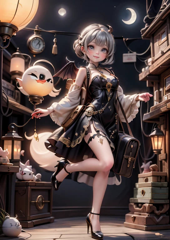 On the streets where it rained heavily,A loli in a hat and dress,There are 2 wings behind him,Lori huge breasts cleavage,kawaii,Inspired by Lyckey,Chibi Art,inspired by Tawaraya Sōtatsu,Inspired by Yundu Snow,inspired by Wang Lü