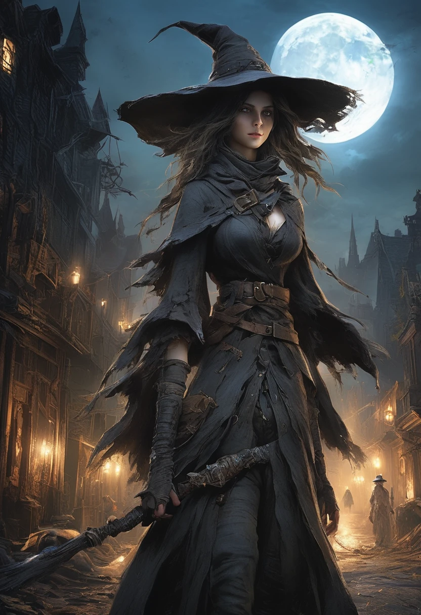 a witch with an evil smile in the foreground near the lens is in the center of a square of a steampunk village, around her sinister surreal characters