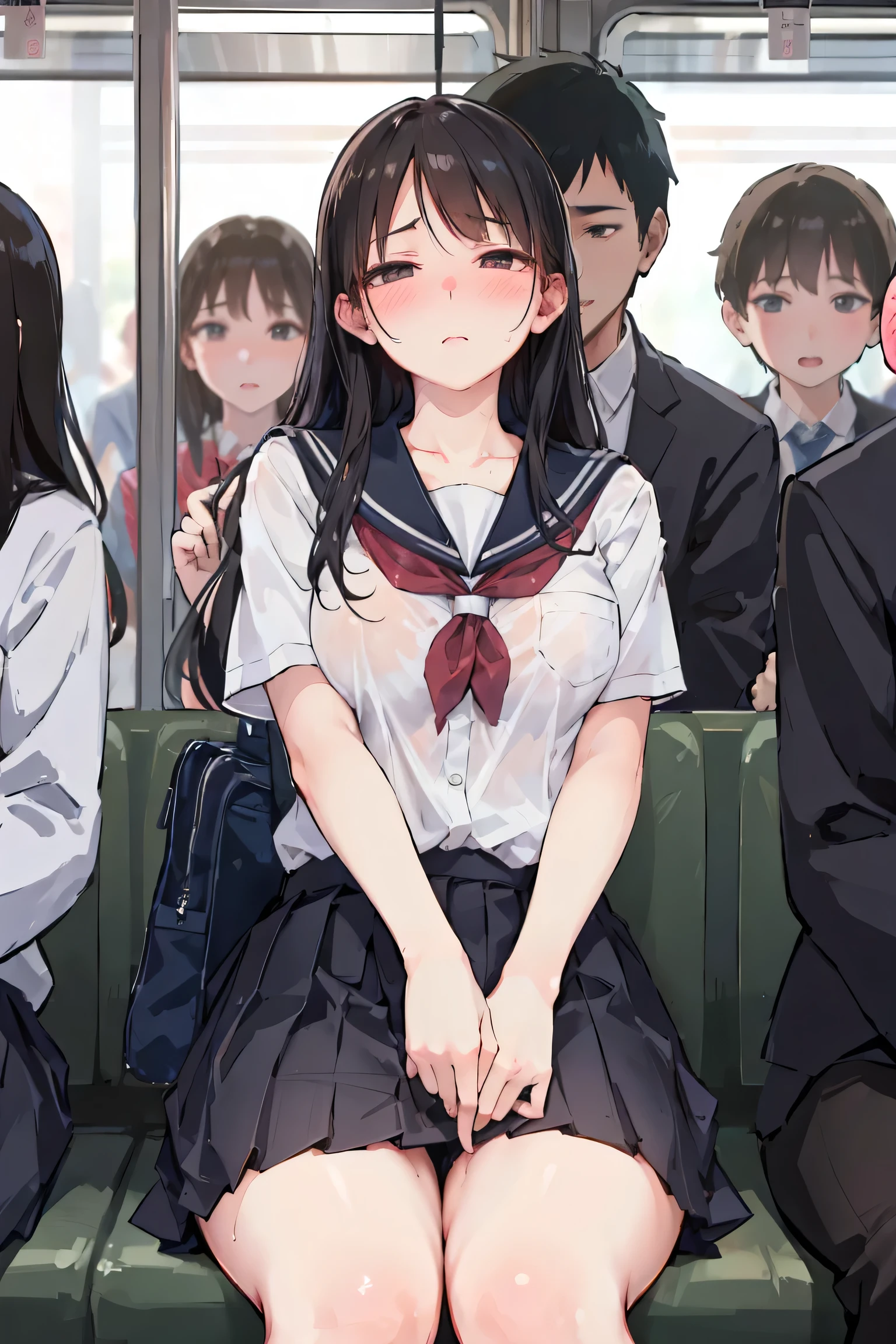 A high school girl molested from behind at crowded train, chikan,school uniform, Quality_masterpiece, Anatomically correct, Beautiful face, Perfect face, Highly detailed beautiful face and eyes, Attractive face, Detailed face, Delicate facial features, Detailed skin,  Ultra-realistic, photo-realistic, photo-realistic, perfect details, ultra-realistic, perfect hair, masterpiece, realistic texture,arimmon,encoxada,chikan,trouble,Embarrassing expression, blushing,groping,sweaty,crowded train,school bag, tits grab(behind man),shirt mouth hold,