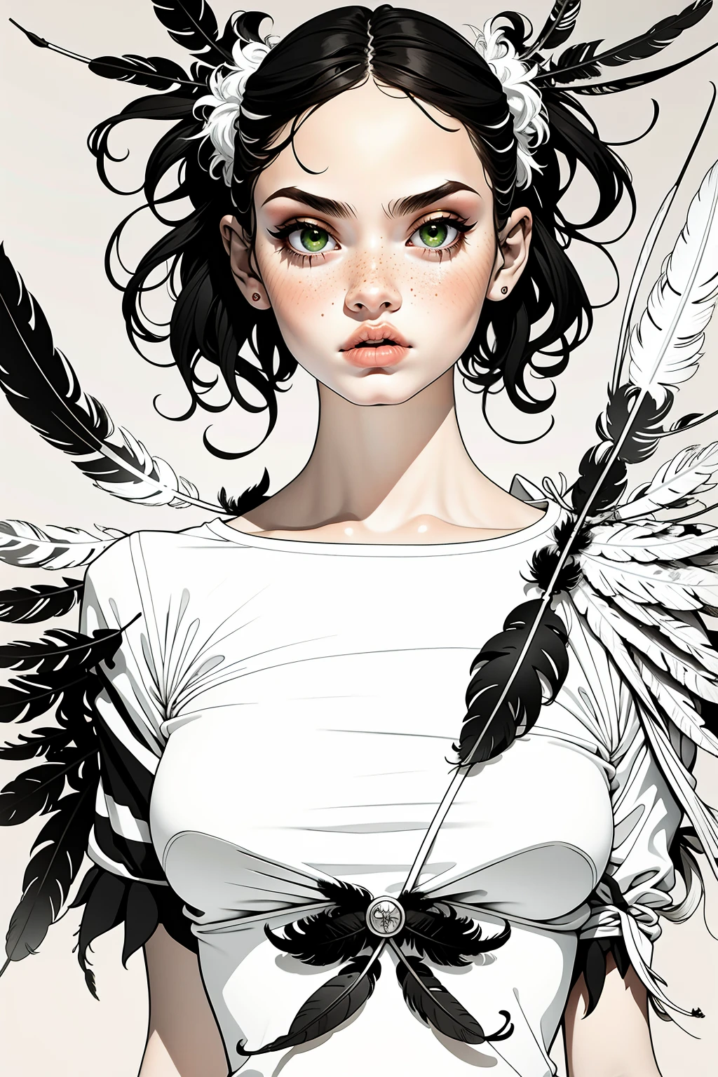 Partially colored, lineart style, (masterpiece, best quality:1.2), (simple background:1.5), 1girl, (black and white feathers, symmetrical composition:1.25)
