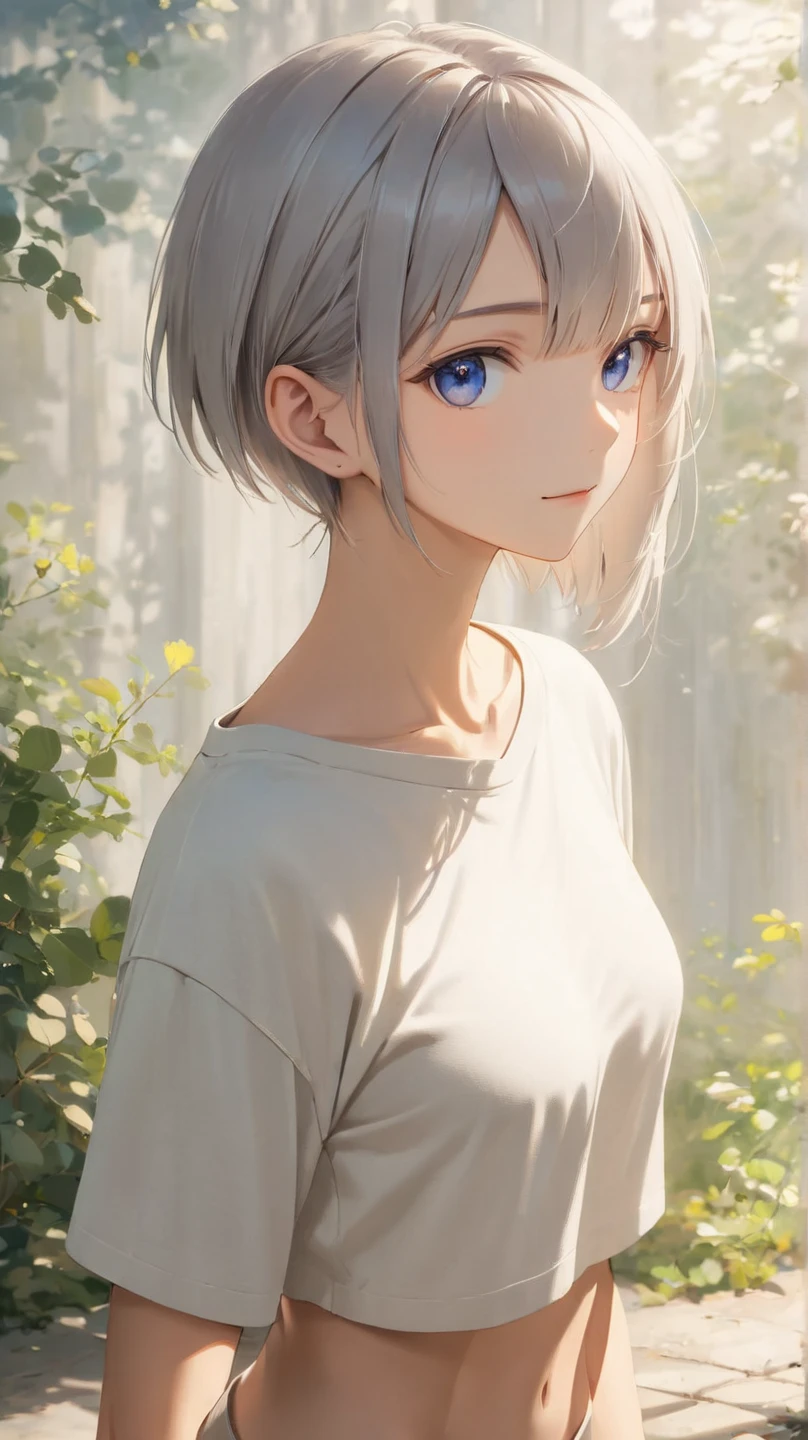 short, tousled light gray hair with a faint bluish tint, sleek and casual hairstyle with soft layers, boyish and androgynous charm, calm and introspective young woman, short textured bangs, layered long nape, asymmetrical bangs (subtle:0.8), soft side-swept fringe (soft:0.8), modern minimalistic style, oversized hoodie or casual t-shirt, relaxed-fit pants, ethereal and mysterious atmosphere, serene and gentle smile, cinematic lighting, crisp details, vibrant colors, beautiful detailed face and eyes, natural posing, looking at the camera, relaxed expression, low angle, vibrant tones, clear center part (center part:1.2), small eyes (subtle:1.2), parted bangs (balanced:1.1), low hair volume (natural:1.2), side undercut (minimal:1.1), compact and neat hair around the left side near the ear and nape, long nape (enhanced:1.2), head tilt.. (cowboy shot:1.7), (full body:0.7), (wide shot:1.3), low angle, natural posing, looking directly at the camera, relaxed expression, (medium breasts:1.3), beautiful body, slim figure, Beautiful breasts, Beautiful clavicle BREAK, (slender hips:1.3), (beauty legs:1.3), (slim thighs:1.3), (fit and toned legs:1.3), long legs, (Long, slender legs:1.3),

