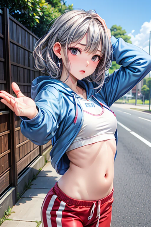 A 6-year-old boy is standing, masterpiece, best quality, Volumetric Lighting, Best Shadows, Shallow Depth of Field, Portrait Of Stunningly, Delicate Beautiful Attractive Face With Alluring orange Eyes, Sharp Eyebrows,Layered Short Brown Twintail Hair,  shota, Little boy, (navel), Thighs out, thigh focus, dynamic angle, Skinny,  (baggy gray hoodie),  (Oversized gray hoodie), topless, hotpants, short shorts , booty shorts,  covered penis, sweat, perspired,  disgust, blush, flat chest, No chest, gleaming skin, no socks, Sneakers, street, Crowded intersection, middle of the road,