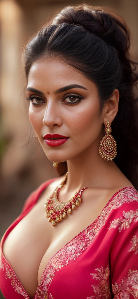 ((Full Open )) perfect pink eyes, fantastic face, Indian, beautiful look, ((red lips, bright eyes, curve heir 1.5)), ((beautiful details very big breast )), (Straight round and ultra huge clevage, not sagging breast), A glorious gorgeous, glorious gorgeous face, pretty face, bright eyes, detailed elegant printed red saree, updo elegant hair, blurred gray tones background, ultra focus, face ilumined, face detailed, 8k resolution, painted, dry brush, brush strokes, razumov style and garmash style, by Tokaito