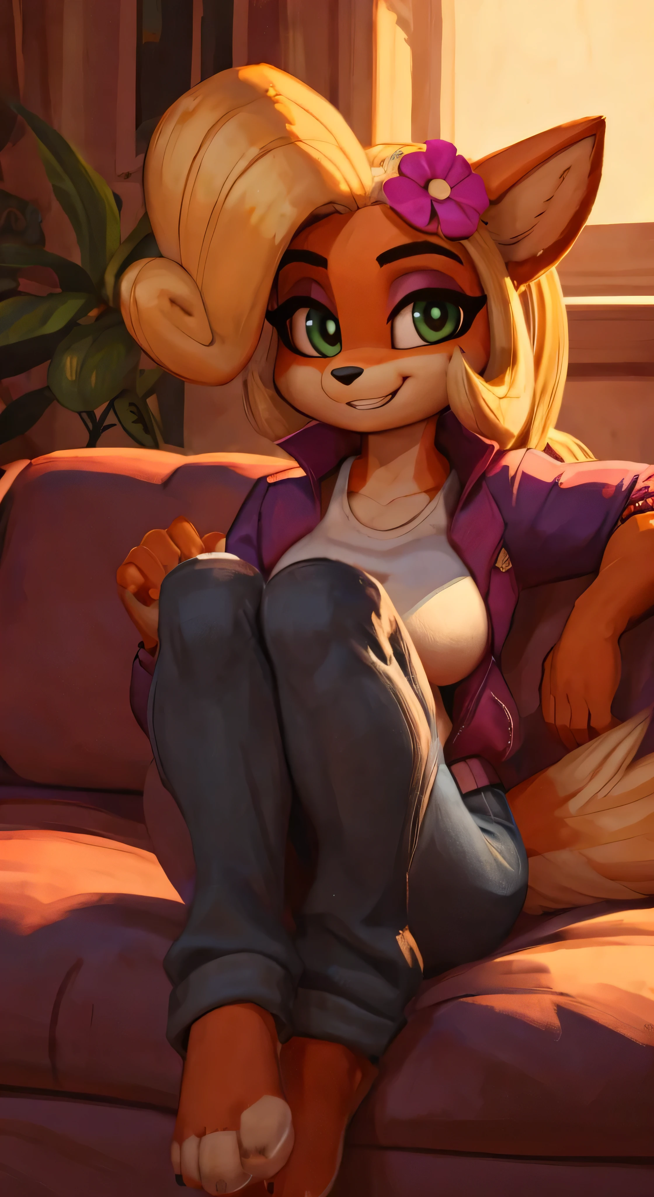 [Coco bandicoot], [Uploaded to e621.net; (Pixelsketcher), (wamudraws)], ((masterpiece)), ((solo portrait)), ((cowboy shot)), ((furry; anthro)), ((detailed fur)), ((raytracing)), ((detailed shading)), ((beautiful 3D art)), {anthro; (orange fur, black nose), cute green eyes, smug smirk, blonde hair, curly ponytail, curly bang, (curvaceous hips), small boobs}, {(pink and white race suit blue lining), (pink high tops), (shades on head)}, {(on couch), (laying on back), (legs spread open)}, [background; (open room), (window), (sun rays), (blue sky)]