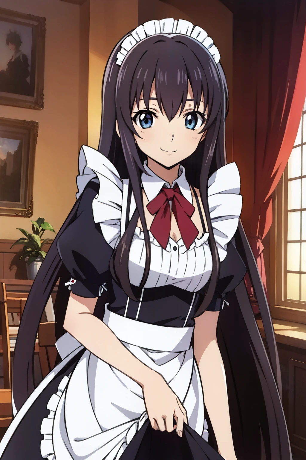 from side, 1 girl, cute, black hair, long hair, 髪band, (Wiping the table clean with a rag), (smile), (Gothic coffee shop), ((maid)), (anime cels style, Masterpiece, best quality, high resolution, anime colored, megami magazine:1.2, anime poster style, anime keyvisual, sharp, 8k, photorealistic), beautiful eyes