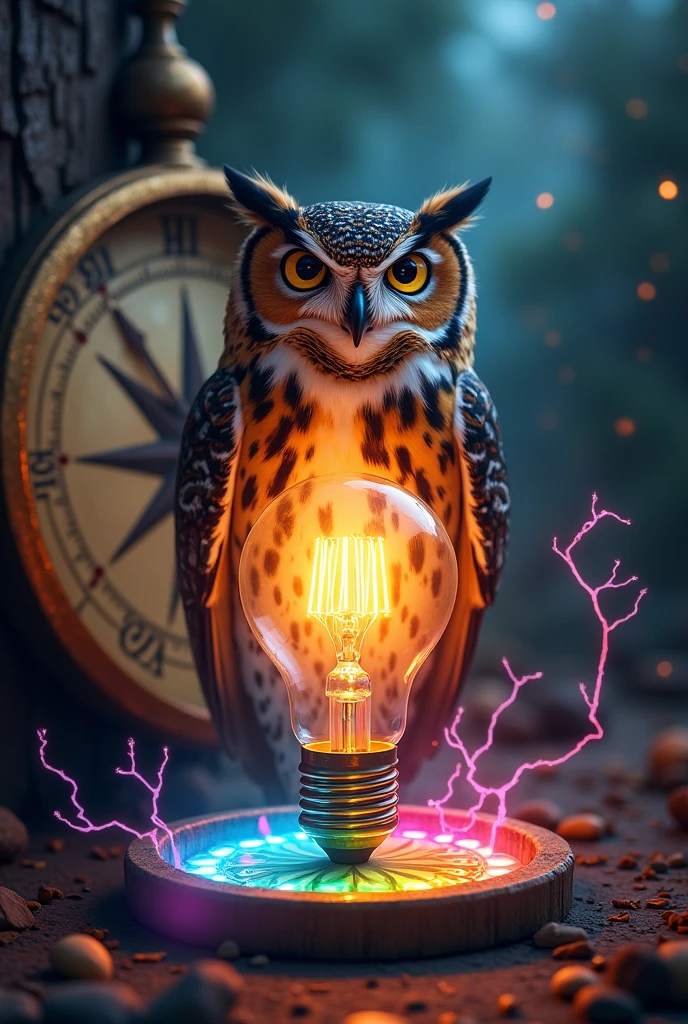 "Imagine an image of a humanoid owl dressed in teacher's clothes(a). She's wearing glasses and is standing in front of a large monitor, segurando uma caneta laser apresentador de slide. The owl has a cheerful and wise expression on its face, Transmitting relaxation and knowledge. The monitor is filled with a futuristic technological theme, Demonstrating that the owl is a teacher of technology. Ao redor da coruja, there are holograms of a robot, mostrando seu compromisso com o ensino. A imagem transmite a ideia de uma coruja professora especializada em ensinar tecnologia de forma interessante e envolvente.”