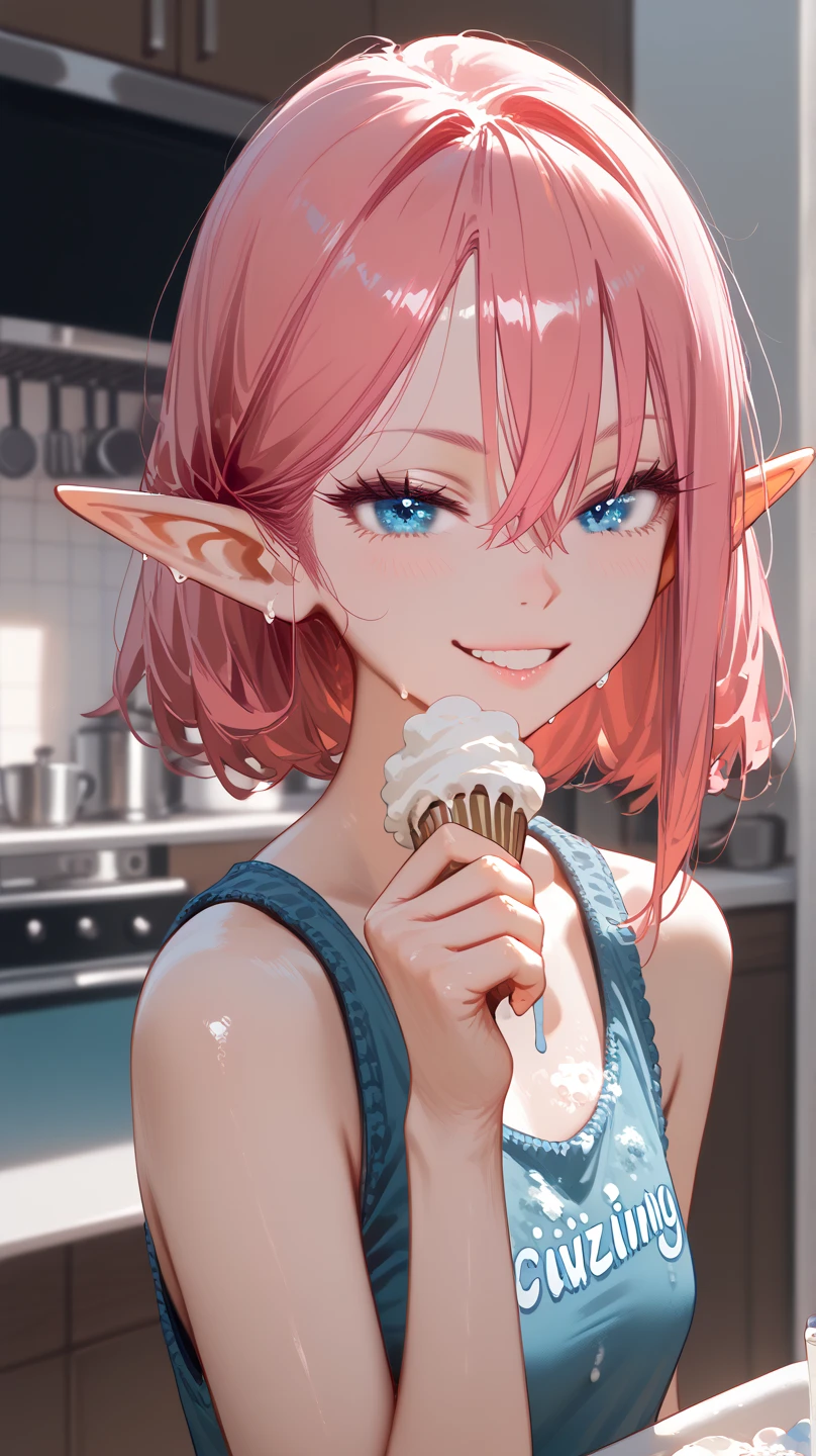 1girl, HD, High Quality, Accurate, Best Quality, Pink Hair, Hair Between Eyes, Hair Behind Ear, wolfcut,elf ears,bleu eyes,ear pireicing,Naughty Face, small breast, tank top