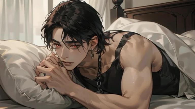   Masterpiece  ,  top quality, One man,Soft Macho,bedroom,  black hair,Long neckline , red eyes,night,I'm lying on the bed and looking at me with one elbow on my elbow,My cheeks are slightly uplifted , gentle expression ,Chain around the neck,