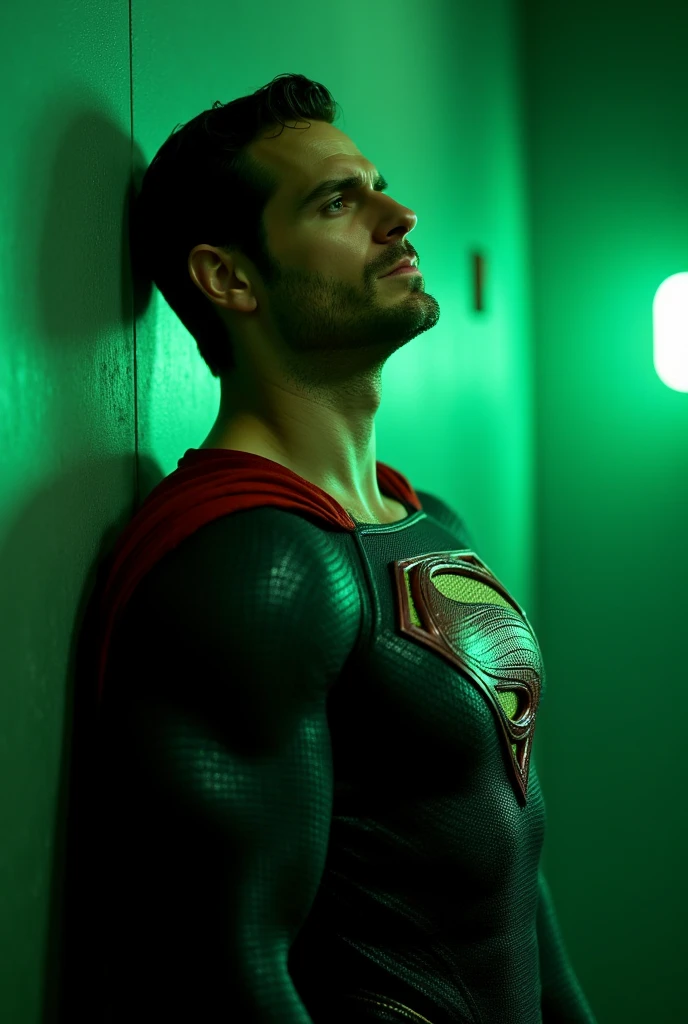 h3nr4 ,  Henry Cavill attractive , muscular, with short beard,  dressed in a Superman costume ,  with his head tilted slightly upwards and his eyes closed ,  is immobilized against a wall ,  with a painful expression .  with intense green lighting highlights the superhero from the right.  full body 