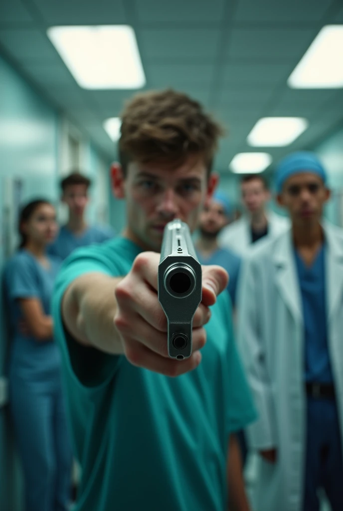 TOP quality,8K, masterpiece, (realistic:1.2), (1man:1.2), 40yo,(laugh:1.5),(doctor),(point the gun at viewer:1.4),(hospital)