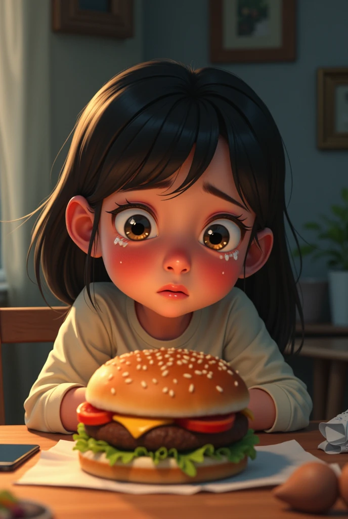 (Pixar 1.25 style) Portrait of a serious little girl eating breakfast in a school uniform