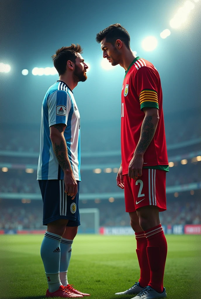 A strong hairy Iranian football player with very hairy chest hair bearded, wearing no shirt, black shorts and red socks and black boots, shaking hands with a Brazilian soccer player, sem beard, wearing no shirt, White shorts, white socks and white boots, on the lawn of the large football stadium full of people.