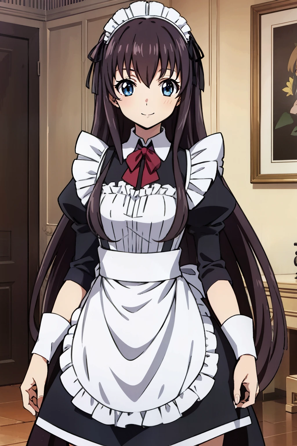 1 girl, cute, black hair, long hair, 髪band, (lift up skirt and bowing), (smile), (Gothic coffee shop), ((maid)), (anime cels style, Masterpiece, best quality, high resolution, anime colored, megami magazine:1.2, anime poster style, anime keyvisual, sharp, 8k, photorealistic), beautiful eyes