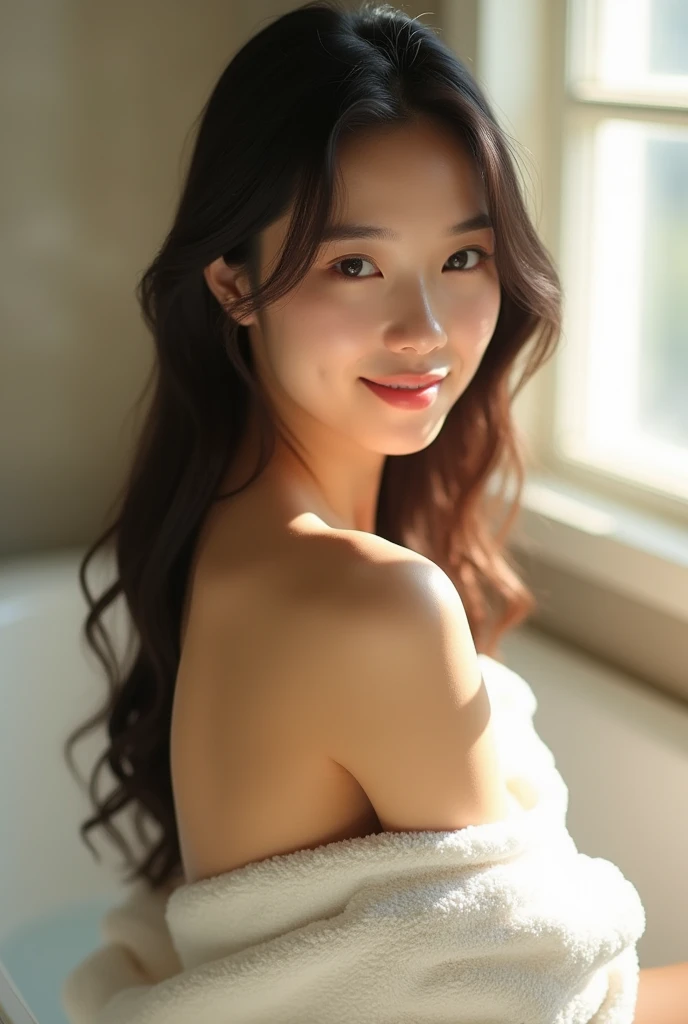 Photorealistic, young Asian woman, long brunette hair, nude, smiling brightly,  entering a marble bathtub, viewed from the side