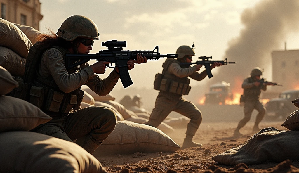 A soldier shoots another soldier until he falls to the ground. A water bottle falls in the middle of the desert.