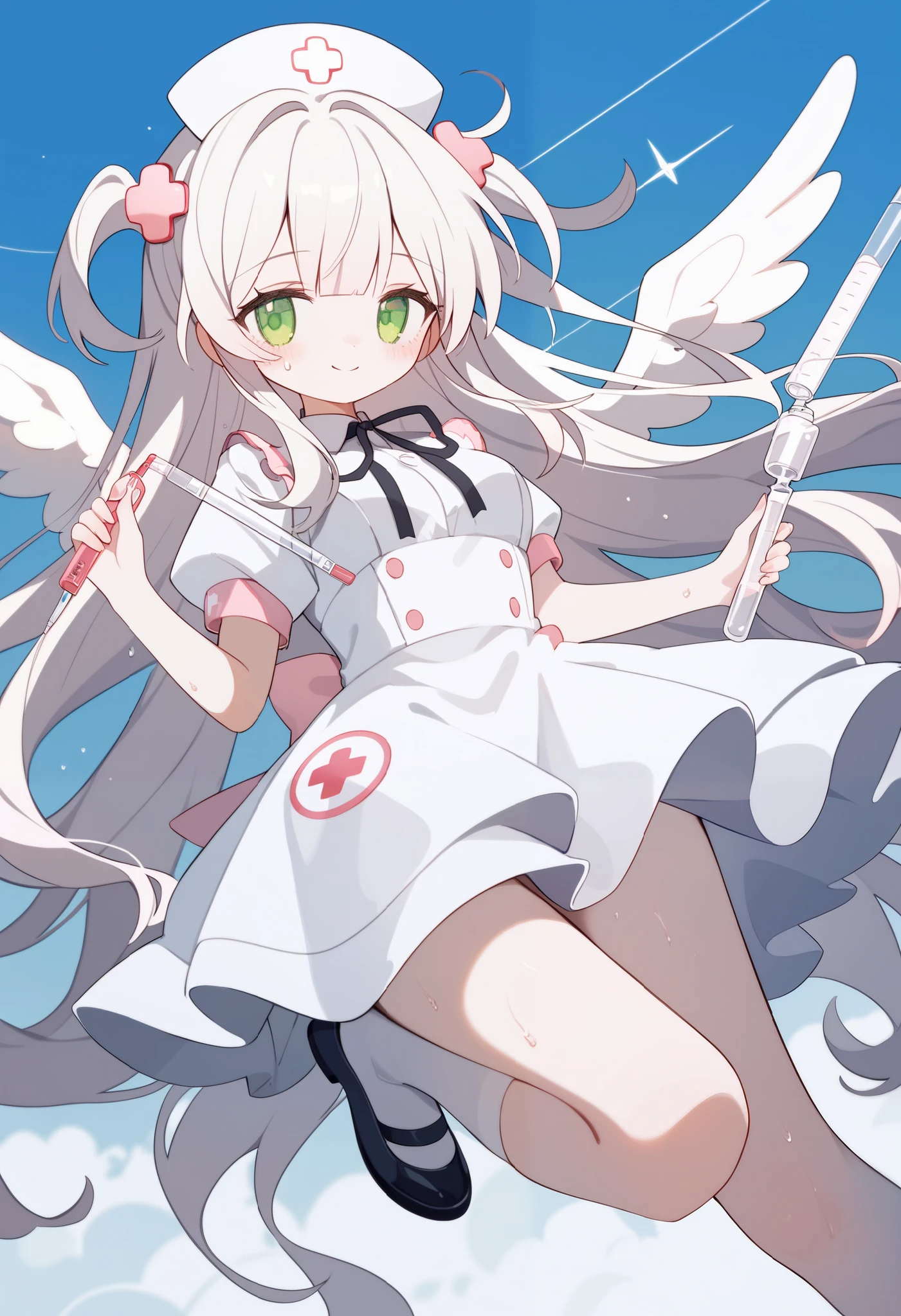  1 girl,pink super long hair，Bow， green eyes  ，Smile，Lolita， pink nurse suit ，Angel Wings，Nurse hat，Floating in the air，The giant needle tube ， blush，sweat，Smile，whole body, Fraction_9,Fraction_8_up,Fraction_7_up,Expressive  ,grade_of,(masterpiece,  is the best quality)