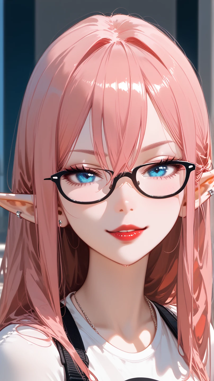 1girl, HD, High Quality, Accurate, Best Quality, Pink Hair, Hair Between Eyes, Hair Behind Ear, wolfcut,elf ears,bleu eyes,Naughty Face, small breast, white nike logo top, jeans,light blush, piercing ears,black eyeliner, red lipstick,glasses,