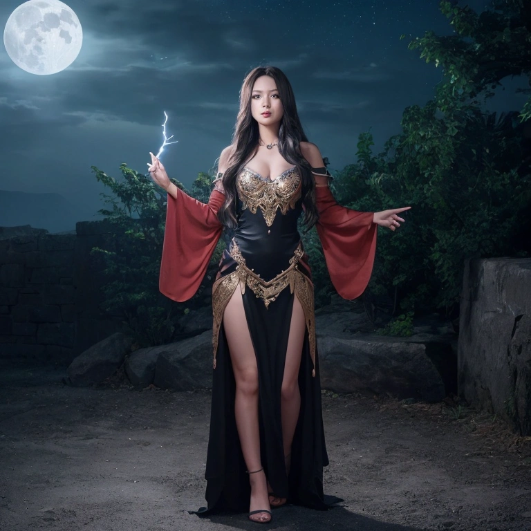 beautiful asian witch wearing ritual robe, holding a torch up, in the woods