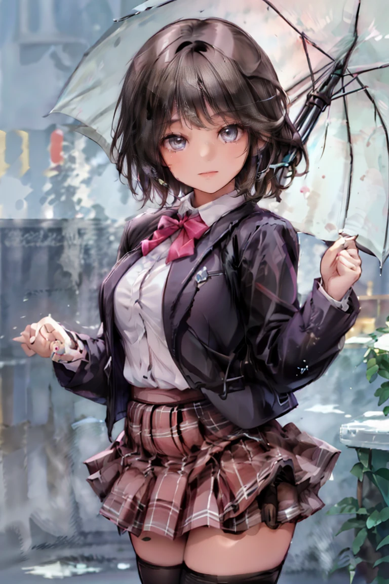 1girl, {{{5 head tall}}}, {{hdr}}, {{{masterpiece}}}, 4k, beautiful anime teen, {high resolution illustration}, {finely detailed beautiful eyes and detailed face}, (very detailed CG Unity 8k wallpaper), best quality, cinematic lighting, (photorealistic), Detailed, Ultra-Detailed, Digital Art, beautiful face, (bloom), detailed background, The girl has black short hair, ((brown eyes)), {{{formal school uniform; (red neck ribbon), (red plaid skirt), (black blazer), (see-through black pantyhose)}}}, {{umbrella}}, pov, rainy, school gate, pov,