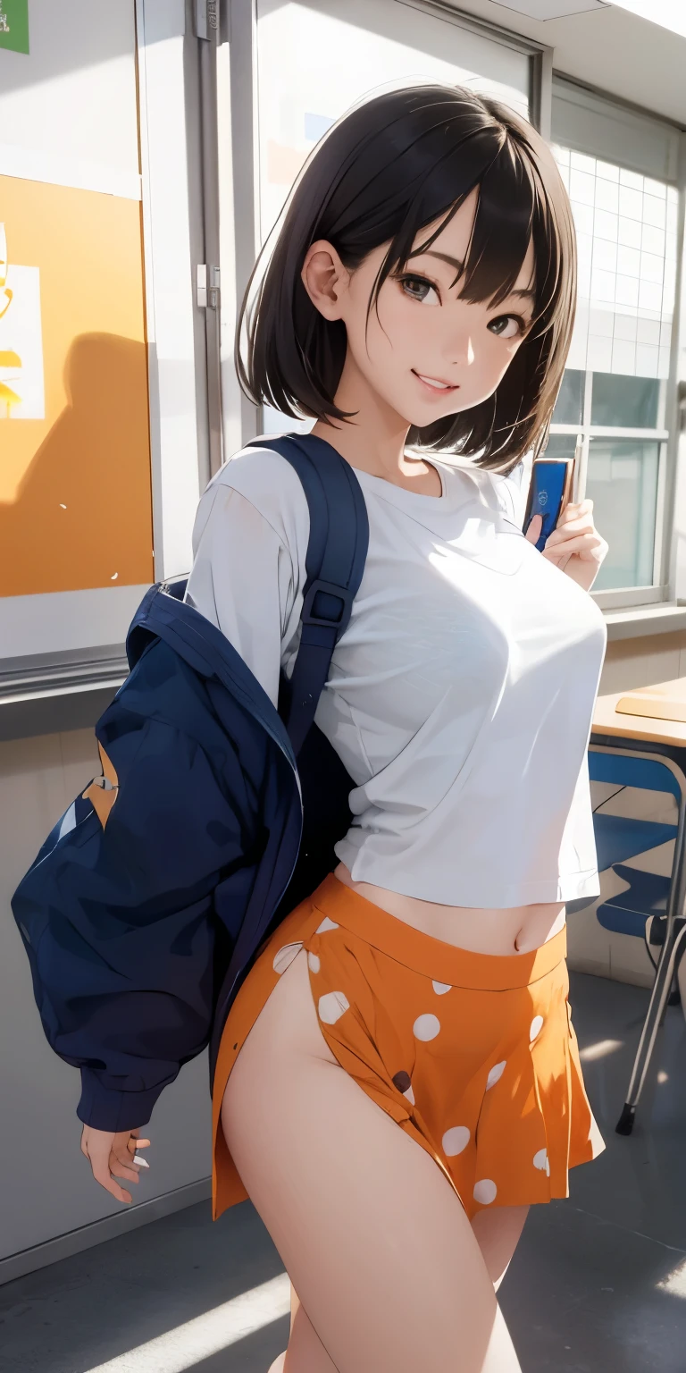 mix4, 20d, solo, short_hair, shirt, high_heels,full_body, look_at_viewer, (8k, RAW photography, top quality, masterpiece:1.2), (realistic, photorealistic:1.37), professional lighting, photon mapping, radiosity,physically based rendering、Blue bloomers and a simple white T-shirt、big breasts、nipple erection、girl with a naughty smile、big ass、toned body、full body portrait、sexy pose、