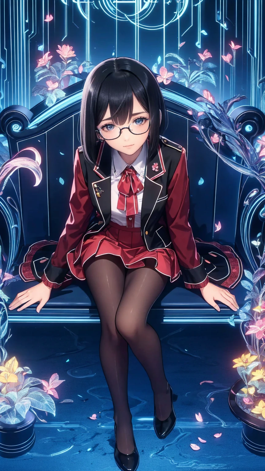 an anime girl with Glasses and a  skirt sits on ground and poses,  one girl, Alone,  skirt,  has ,  shirt, white  shirt,  pantyhose, red eyes, Glasses,  black hair, shoes, red  skirt, Check pattern  skirt,  viewers, Open the clothes, Check pattern, collared  shirt, ,  Long Sleeve , Shut up,  sitting, black  pantyhose, indoor, bangs,  shorthair,  Black Eyewear,  brown jacket,   tentacles that removed the silver-haired white man ,Add XL
