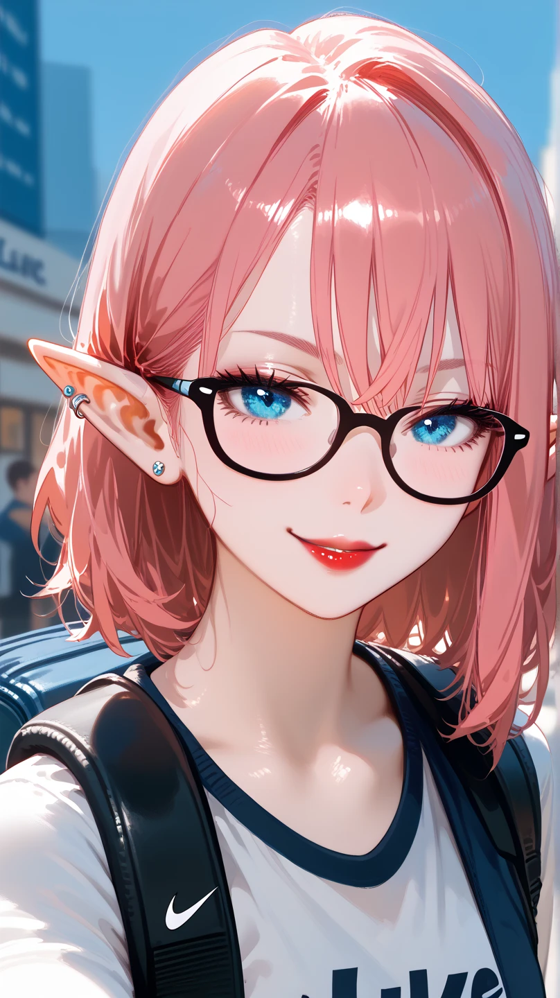 1girl, HD, High Quality, Accurate, Best Quality, Pink Hair, Hair Between Eyes, Hair Behind Ear, medium hair,elf ears,bleu eyes,Naughty Face, small breast, white nike logo top, jeans,light blush, piercing ears,black eyeliner, red lipstick,glasses,backpack