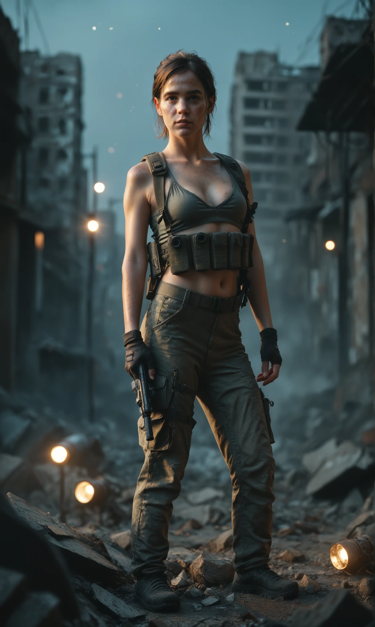 masterpiece,best quality,camo army pants,black boots,brown Long Sleeve Crop Top,medium breasts,black pixie hair with ponytail,hands on waist,brown gloves,torn clothing,beautiful woman,slim waist,strong arms,war ruin background,sunshine,godrays,clouds,ruined city,tired,ruined tall buildings smoke,ruined towers,direct sunlight,dusk