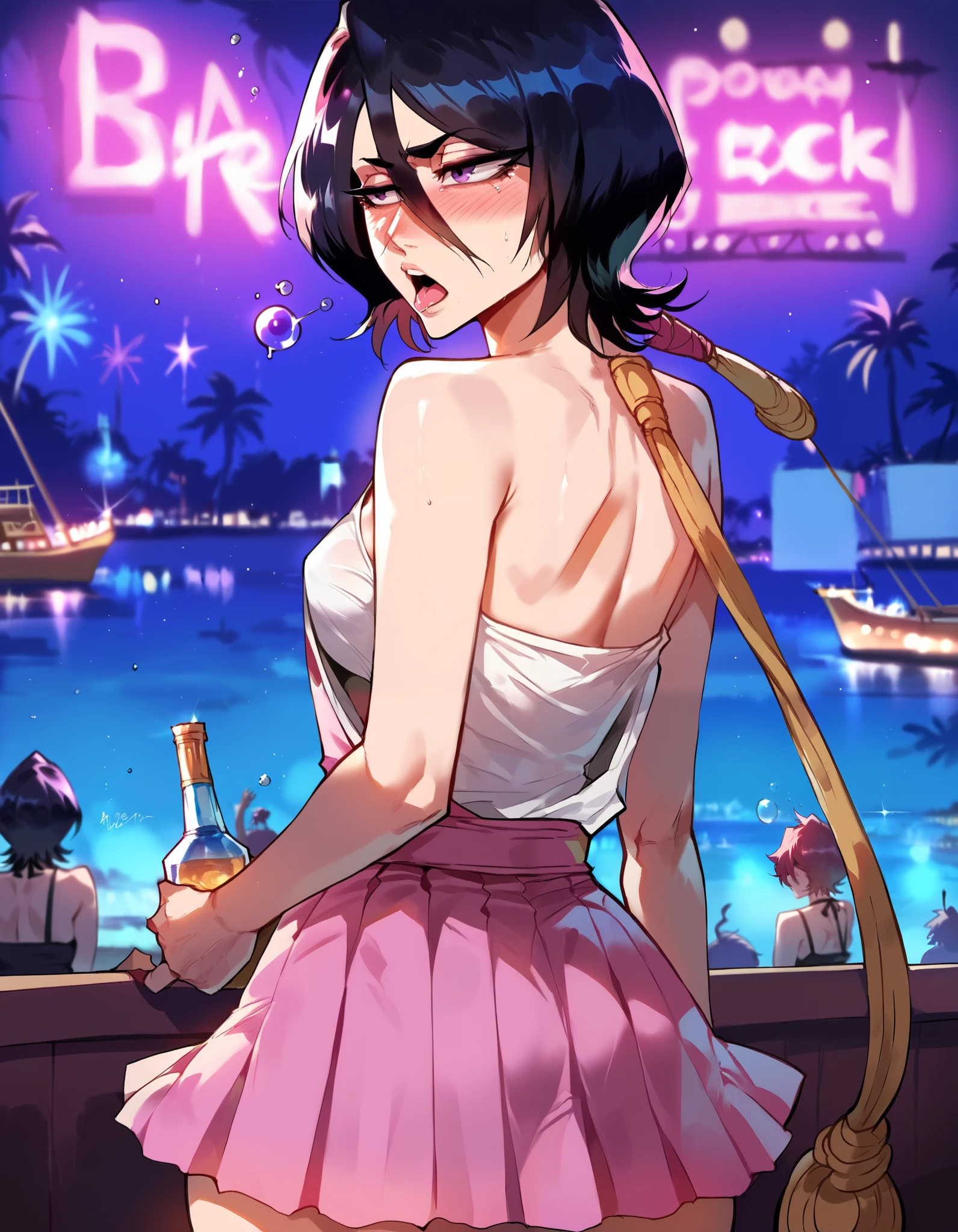 RUKIA_kuchiki, Bleach,  Wearing a short pink skirt ,  a black hoop ,  is at a concert venue , boat, at night, drunk, sexy look,  looking at the spectator,  pulling the blouse ,  showing some of the nipple,  showing me , seen from afar, boat lotara