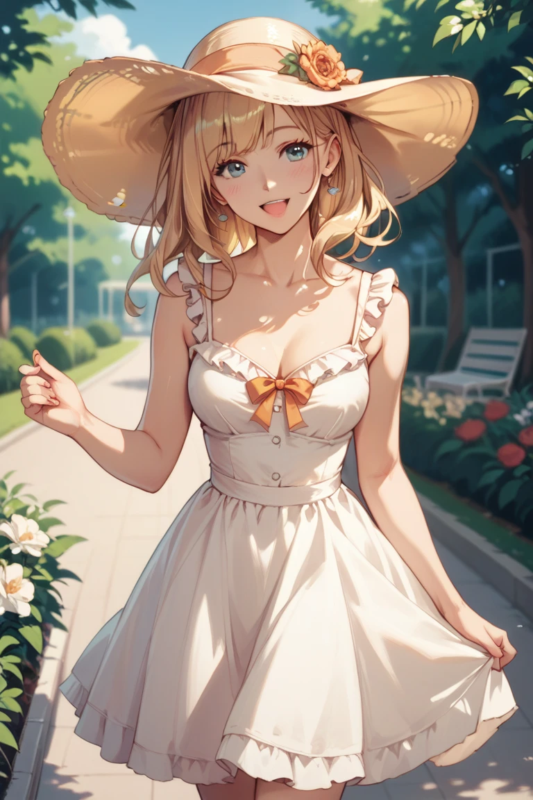 blonde woman cheerful sundress in a park