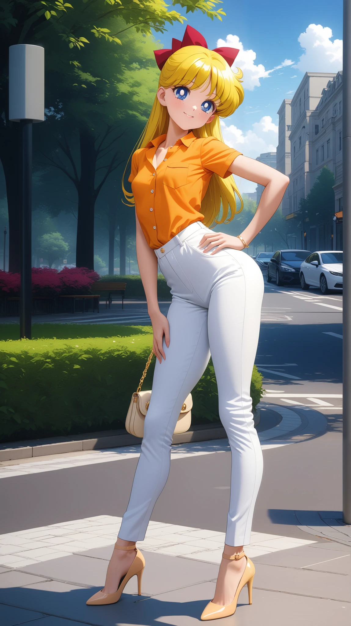 (masterpiece), best quality, very aesthetic, ultra detailed, complex details, 4K, aavenus, blonde hair, blue eyes, small breasts, hair bow, orange business shirt, white formal trousers, women's handbag, high heels, street park, standing sexy poses, smile