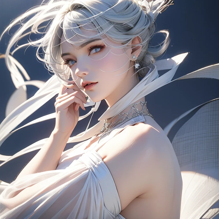 highest quality,perfect masterpiece,perfect artwork,Official work,8K,, (upper body portrait:1.3),((Viewed from the side:1.5)),close up lens,delicate face,, 17 years old,white hair girl,(hakuhatsu:1.5),Short and medium hair,((clear white eyes:1.5)),(white dress:1.2),(transparent clothes:1.2),(black background:1.3),, The illusion of pearls,cyber punk,fashion trends,3s material,High resolution,Detailed performance,c4d,3D,octane rendering,ray tracing,intricate details,animation lighting,OCrenderer,