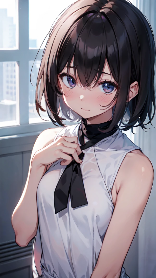solo,juri han, work of art, tight white secretary shirt with black tie, black high waist skirt, short skirt, black hair, black tights,evil smile,office,franja nos olhos,lighting,chifre de cabelos,view from above,olhando para cima,maquiagem nos olhos
